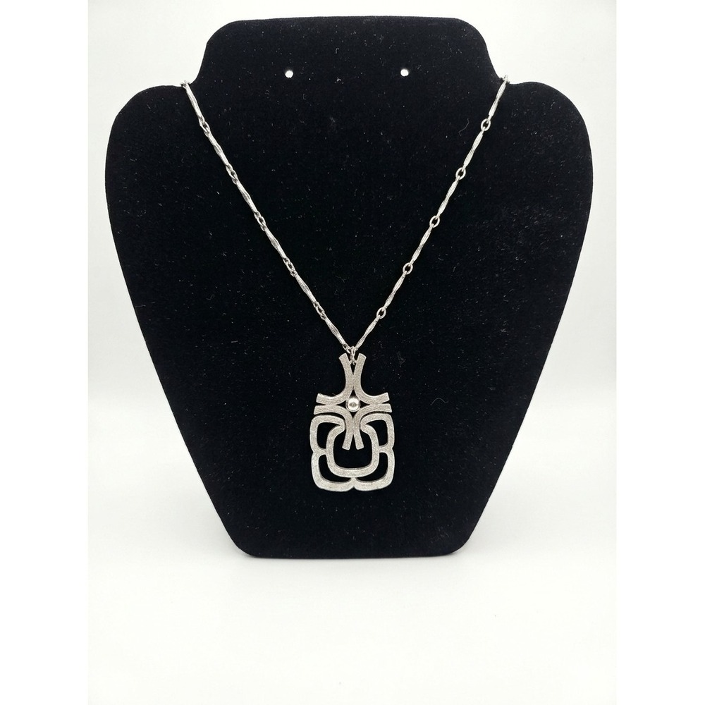 Vintage‎ Avon Brushed Silver Tone Mid Century Modern Brutalist Pendant Necklace